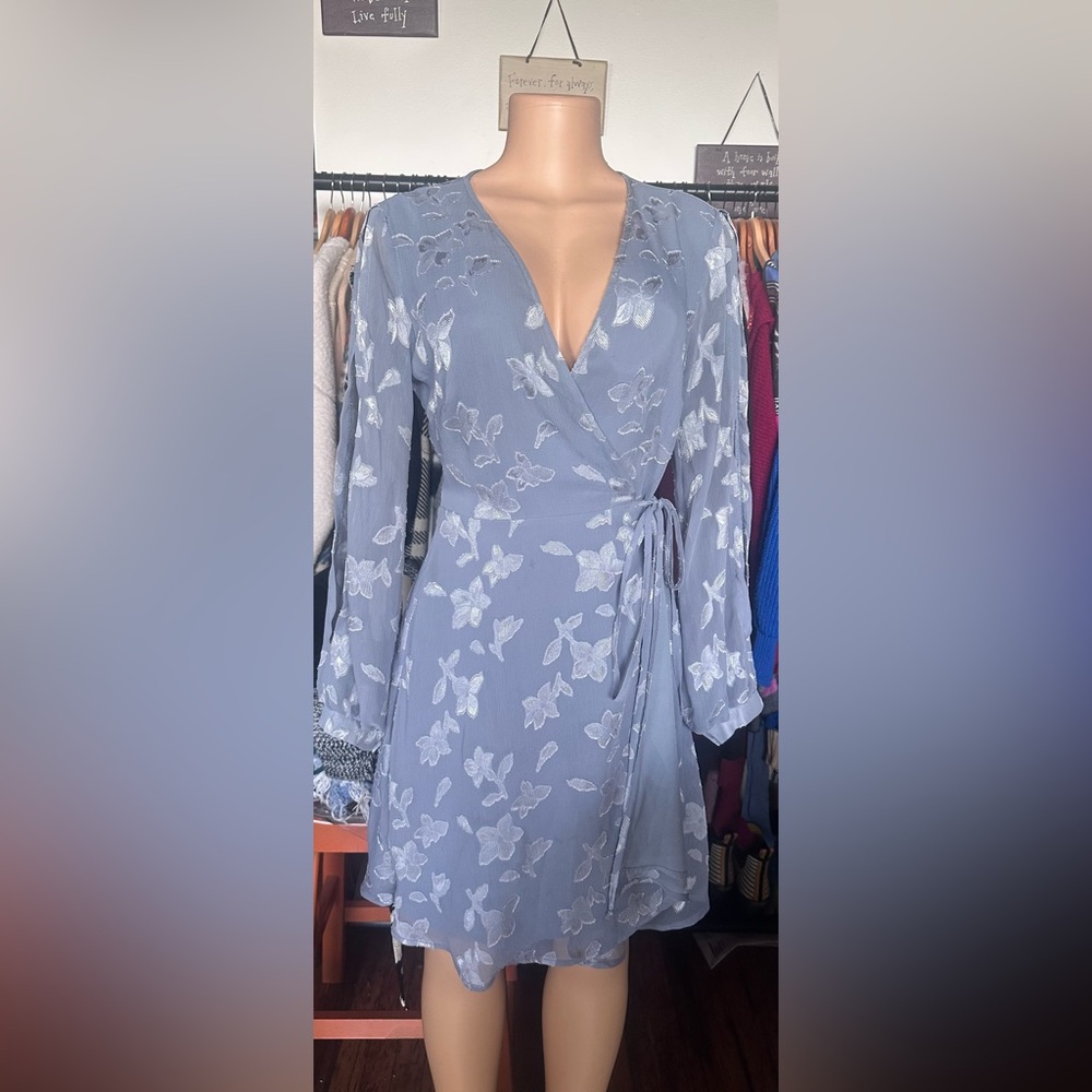 Astr Blue Wrap Dress with Plunge Neckline and Bishop Sleeves